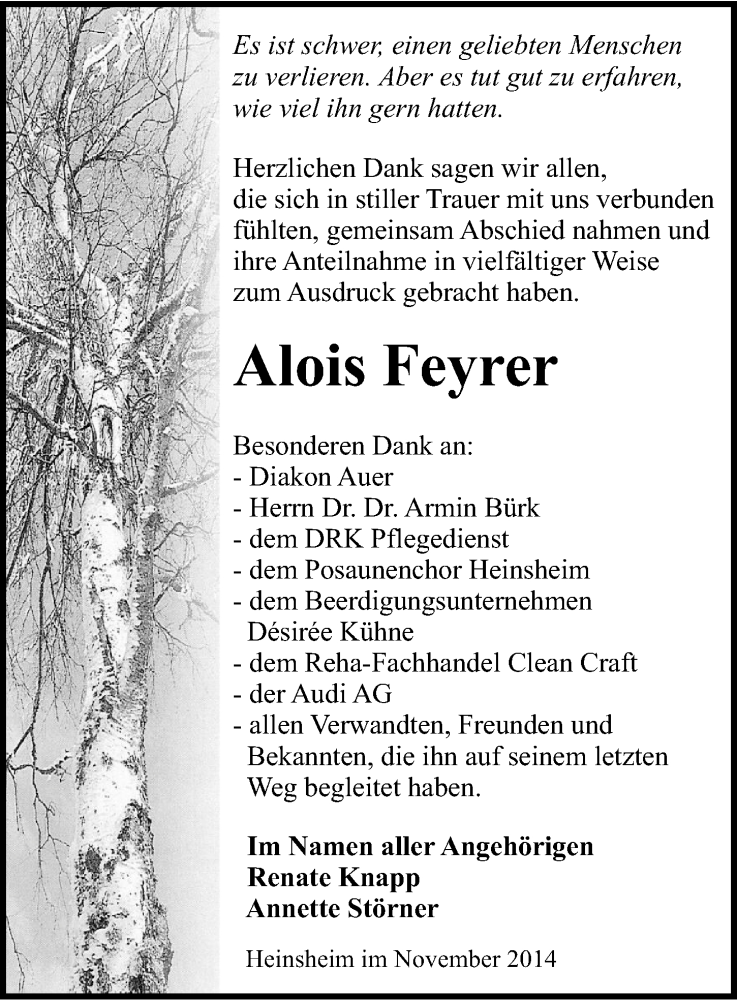  Traueranzeige für Alois Feyrer vom 28.11.2014 aus 