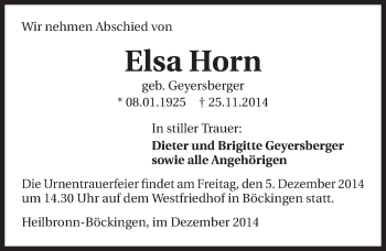 Traueranzeige von Elsa Horn 