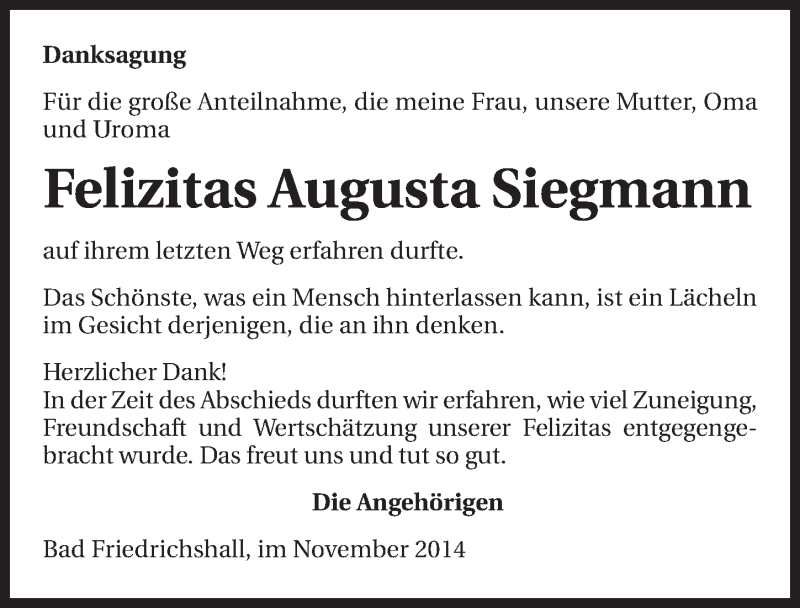  Traueranzeige für Felizitas Augusta Siegmann vom 26.11.2014 aus 
