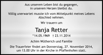 Traueranzeige von Tanja Retter 