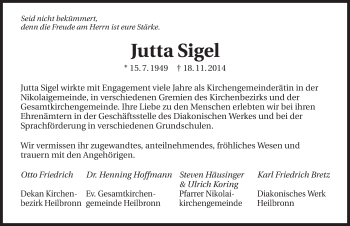 Traueranzeige von Jutta Sigel 