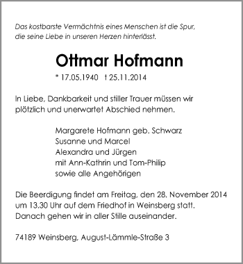 Traueranzeige von Ottmar Hofmann 