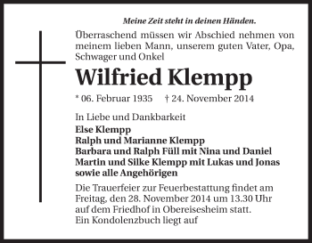 Traueranzeige von Wilfried Klempp 