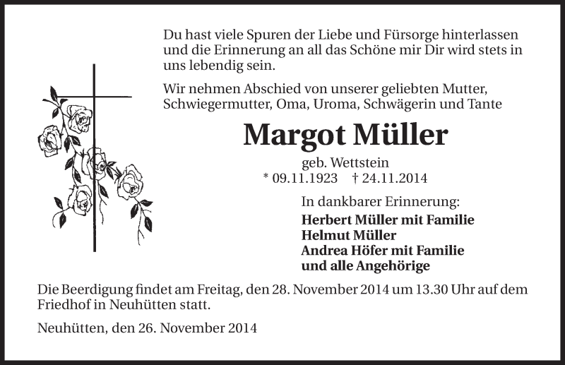  Traueranzeige für Margot Müller vom 26.11.2014 aus 
