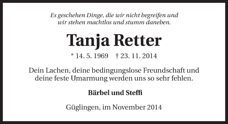  Traueranzeige für Tanja Retter vom 26.11.2014 aus 