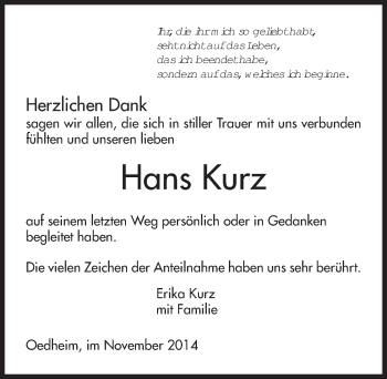 Traueranzeige von Hans Kurz 