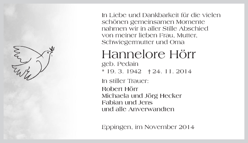  Traueranzeige für Hannelore Hörr  vom 29.11.2014 aus 