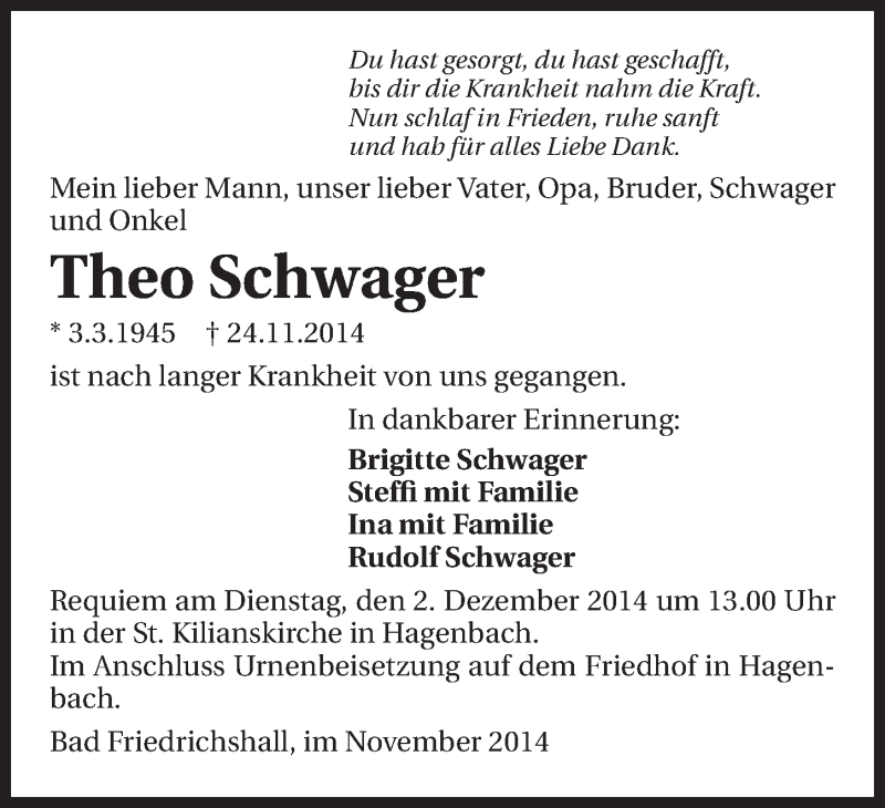 Traueranzeige für Theo Schwager vom 27.11.2014 aus 
