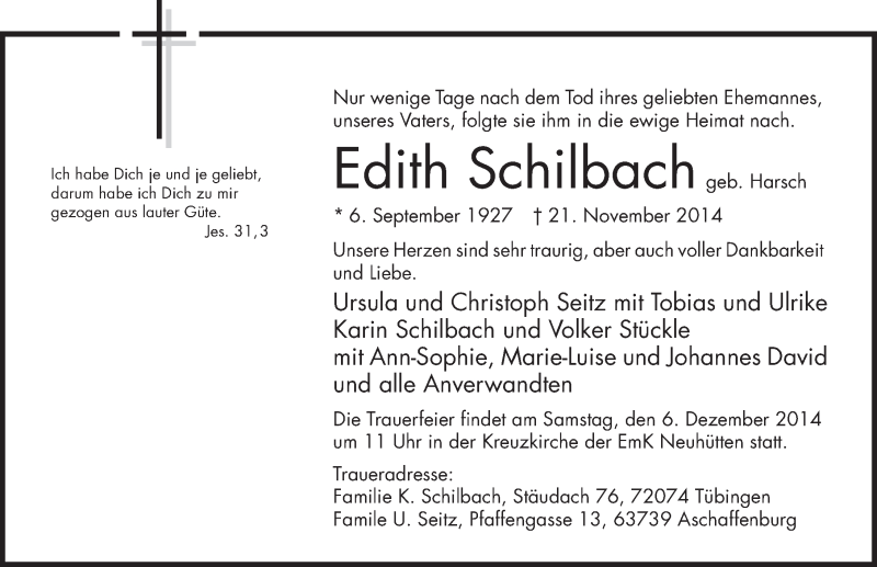  Traueranzeige für Edith Schilbach vom 01.12.2014 aus 