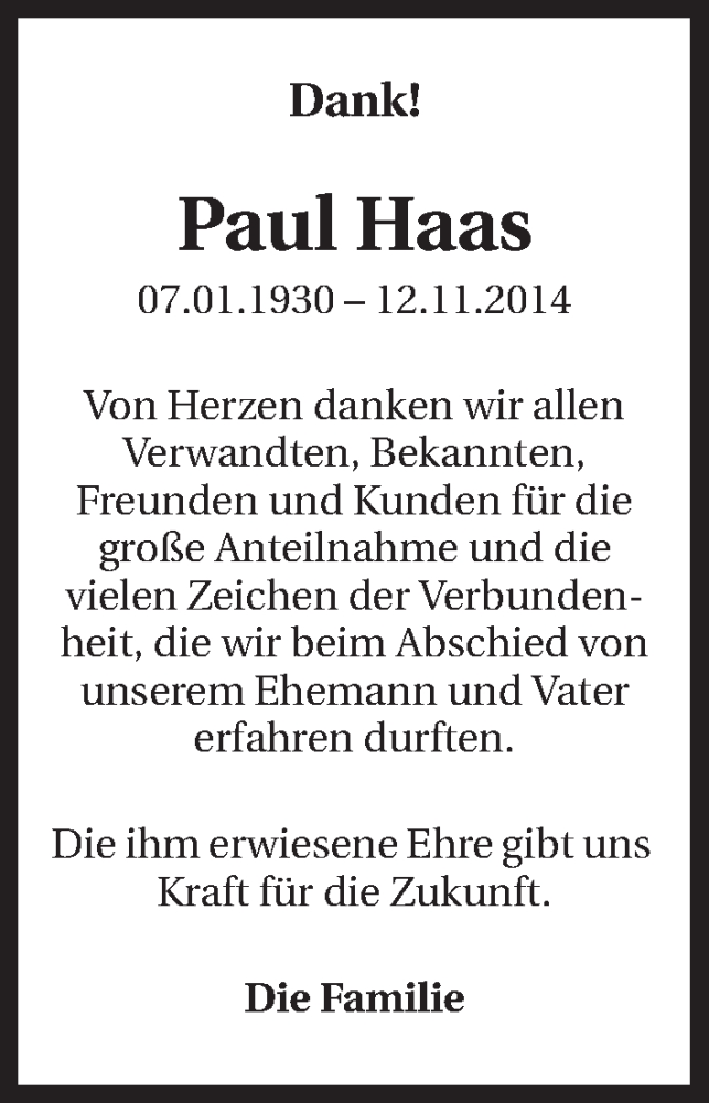 Traueranzeige für Paul Haas vom 28.11.2014 aus 