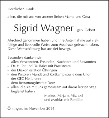 Traueranzeige von Sigrid Wagner 