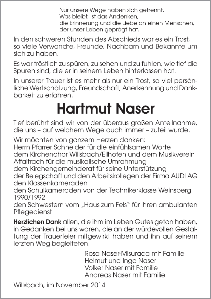  Traueranzeige für Hartmut Naser vom 29.11.2014 aus 
