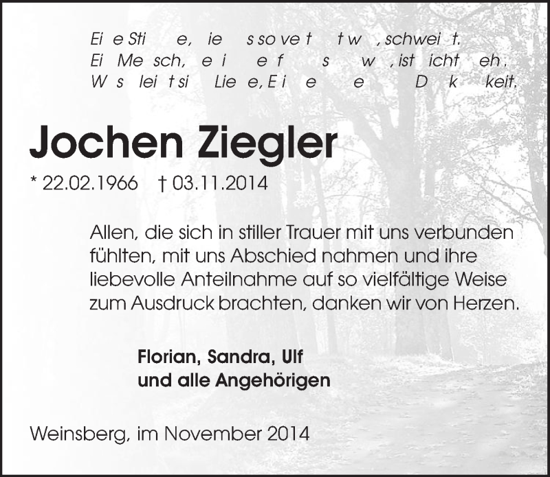  Traueranzeige für Jochen Ziegler vom 29.11.2014 aus 