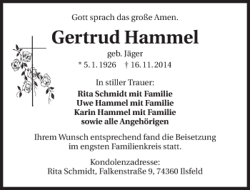 Traueranzeige von Getrud Hammel 