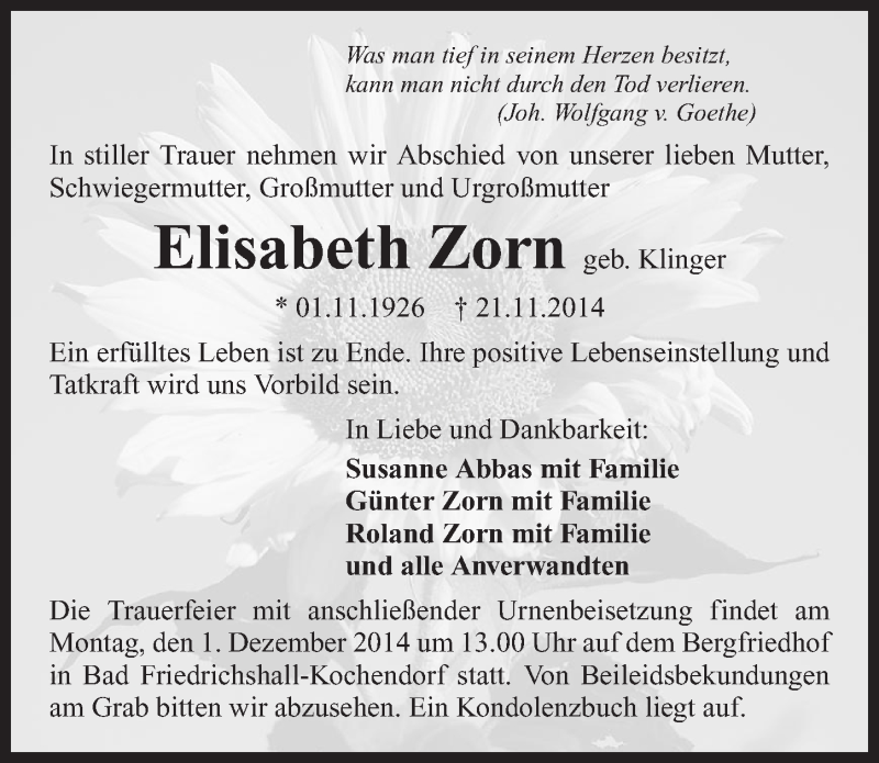  Traueranzeige für Elisabeth Zorn vom 28.11.2014 aus 