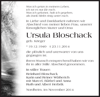 Traueranzeige von Ursula Bloschak 