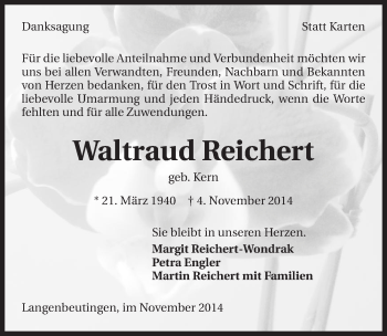 Traueranzeige von Waltraud Reichert
