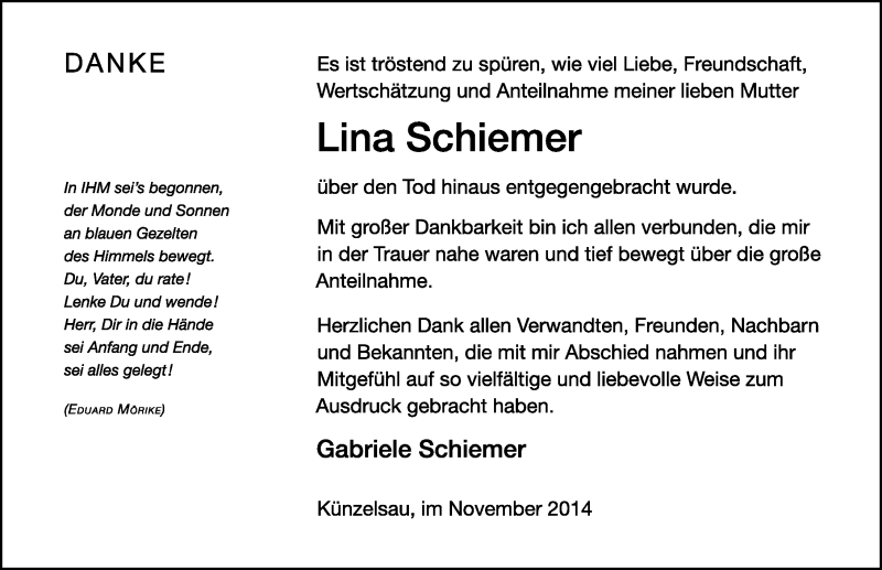  Traueranzeige für Lina Schiemer vom 29.11.2014 aus 