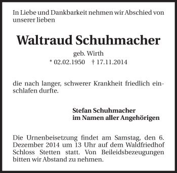 Traueranzeige von Waltraud Schuhmacher 