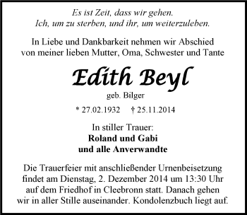 Traueranzeige von Edith Beyl 