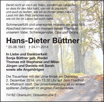Traueranzeige von Hans-Dieter Büttner 