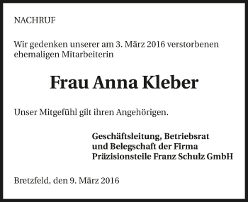 Traueranzeige von Anna Kleber 