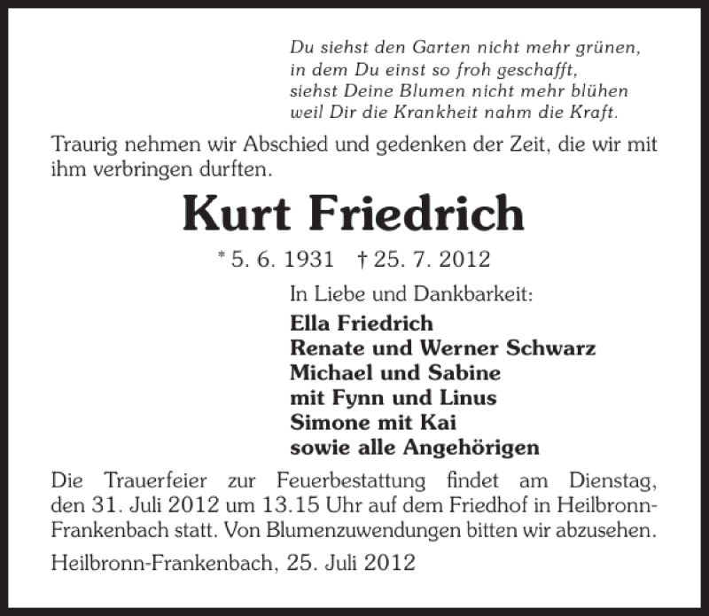  Traueranzeige für Kurt Friedrich vom 27.07.2012 aus 