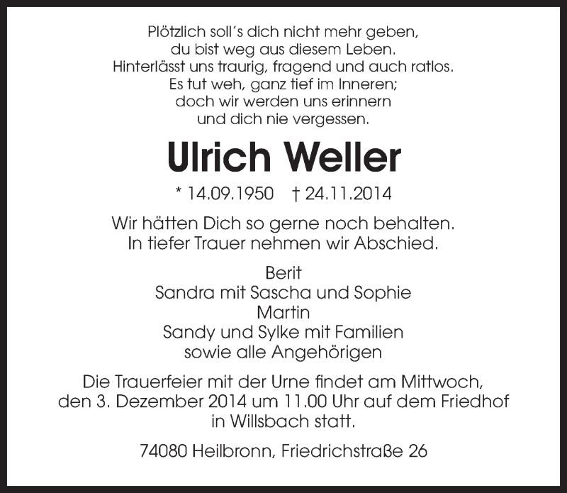  Traueranzeige für Ulrich Weller vom 29.11.2014 aus 