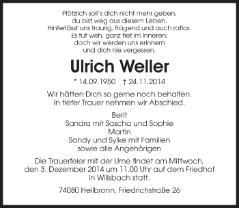 Traueranzeige von Ulrich Weller 