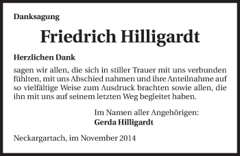 Traueranzeige von Friedrich Hilligardt 