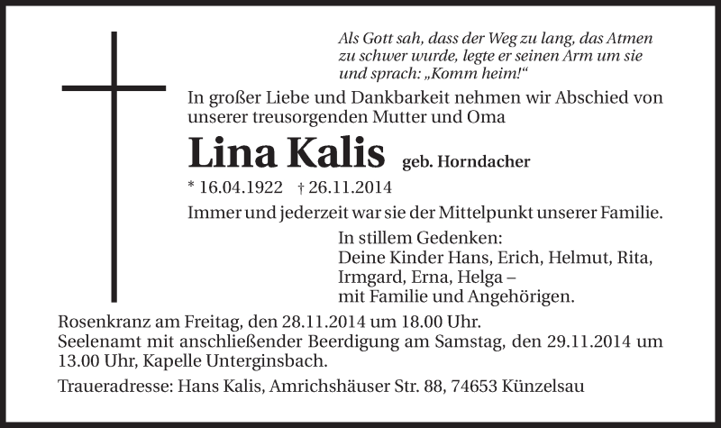  Traueranzeige für Lina Kalis vom 28.11.2014 aus 