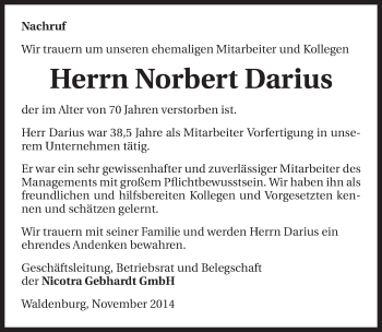 Traueranzeige von Norbert Darius 