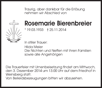 Traueranzeige von Rosemarie Bierenbreier 