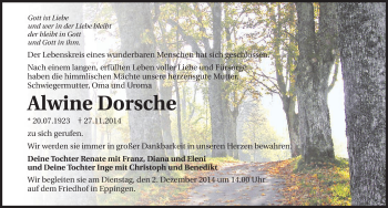 Traueranzeige von Alwine Dorsche 