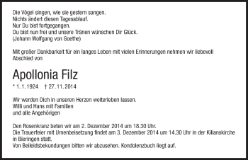 Traueranzeige von Apollonia Filz 