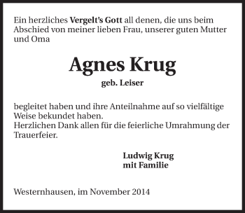 Traueranzeige von Agnes Krug 