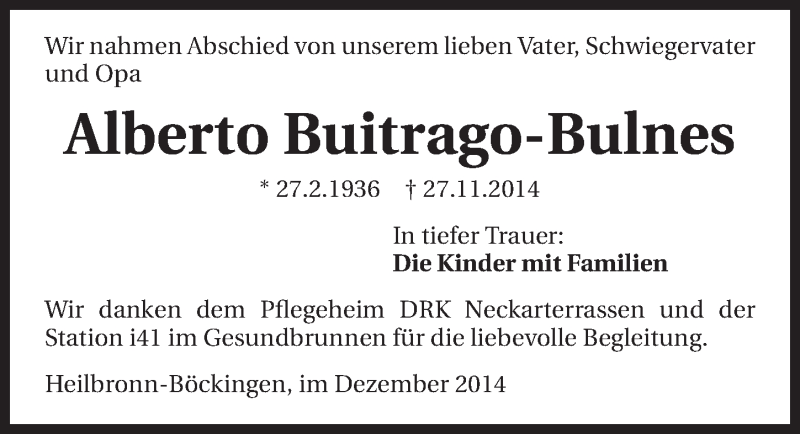  Traueranzeige für Alberto Buitrago-Bulnes vom 06.12.2014 aus 
