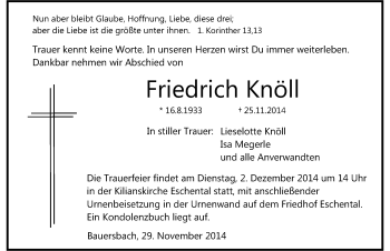 Traueranzeige von Friedrich Knöll 