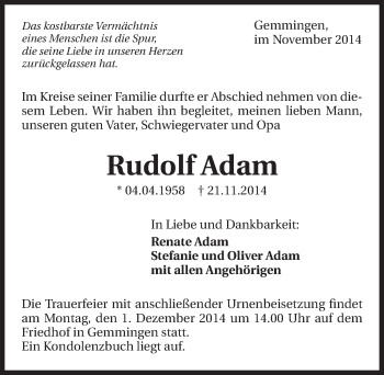 Traueranzeige von Rudolf Adam 