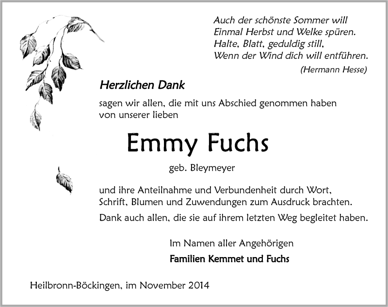 Traueranzeige für Emilie Fuchs vom 29.11.2014 aus 