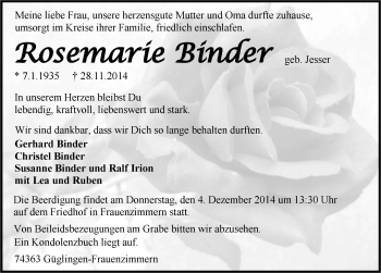 Traueranzeige von Rosemarie Binder 