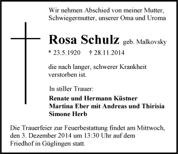 Traueranzeige von Rosa Schulz 
