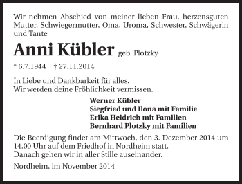 Traueranzeige von Anni Kübler 