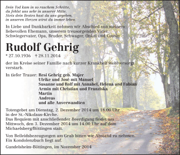 Traueranzeige von Rudolf Gehrig 