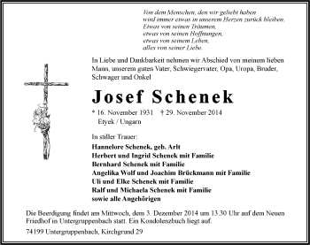 Traueranzeige von Josef Schenek 