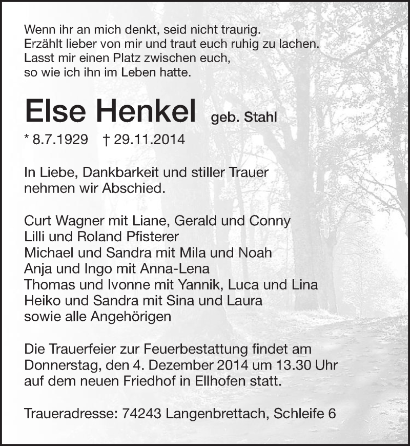  Traueranzeige für Else Henkel vom 01.12.2014 aus 