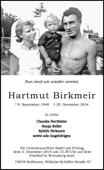 Traueranzeige von Hartmut Birkmeir 
