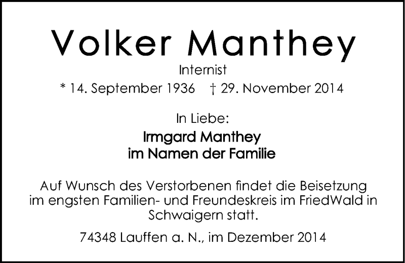  Traueranzeige für Volker Manthey vom 06.12.2014 aus 