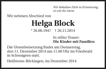 Traueranzeige von Helga Block 