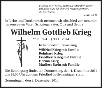 Traueranzeige von Wilhelm Gottlieb Krieg  